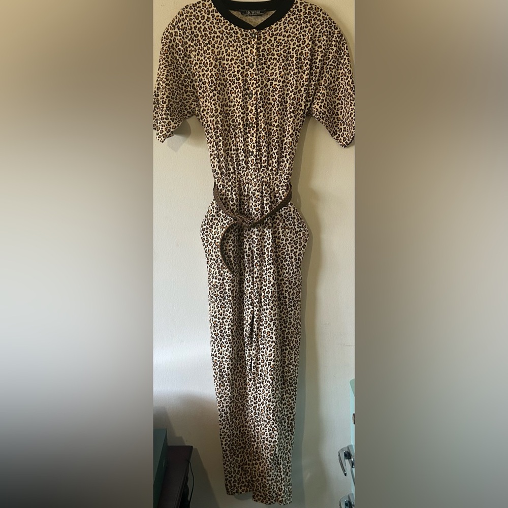 Vintage SK Wear Leopard Print Jumpsuit with Belt and Pockets